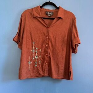 Vintage 90s Linen Blend Blouse Women's Size Petite Large Brown Beaded Boho